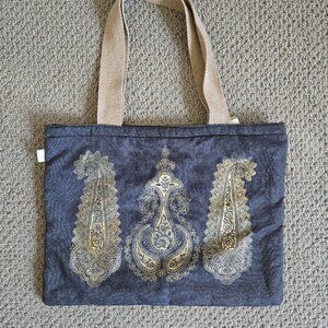 Brand New Indian Denim Jute Bag with gold Pattern, Made in India